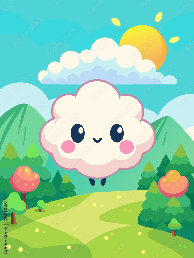 Fluffy white clouds adorn a charming pastel sky in this adorable vector landscape. Fluffy white clouds adorn a charming pastel sky in this adorable vector landscape.