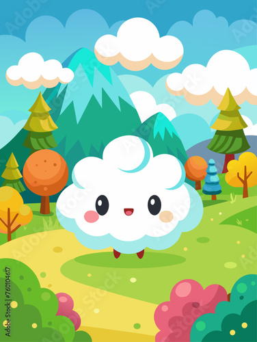 Adorable clouds drift across a soft blue sky in this charming vector landscape.