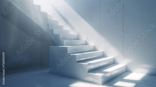 Sleek minimalist white staircase with sun rays creating shadow contrast. Pristine interior design with sunlight highlighting stairs and shadows. Sharp light contrasts on a pure white modern staircase.