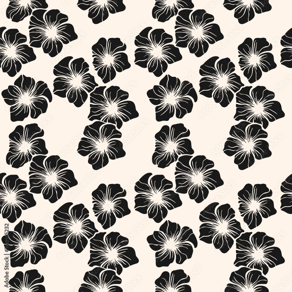 Simple black and white floral seamless pattern. Vector minimal texture with monochrome flower silhouettes, hibiscus. Fashionable botanical background. Stylish repeated design for textile, wallpaper