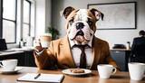 Puppy of a bulldog sitting in an office in a serious mode with a full suit and having a cup of coffee. Generative AI. V-1