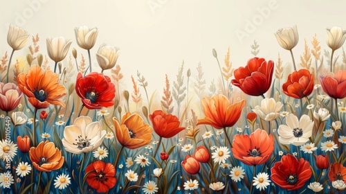  Various Blooming Flowers Including Tulips and Daisies - A Colorful Collection of Botanical Artistry  #760105449