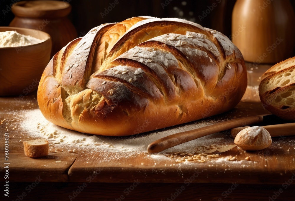 illustration, freshly baked loaf bread wooden table flour dusting, artisan, crusty, delicious, dough, preparation, ingredients, homemade, kitchen illustration, freshly baked loaf bread wooden table flour dusting, artisan, crusty, delicious, dough, preparation, ingredients, homemade, kitchen