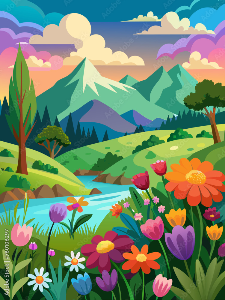 A vibrant array of colorful flowers blooms against a lush green landscape, creating a breathtaking and serene backdrop.