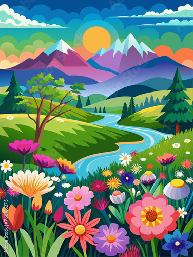 Vivid blooms of every hue dance across a vibrant landscape, creating an enchanting tapestry of color.