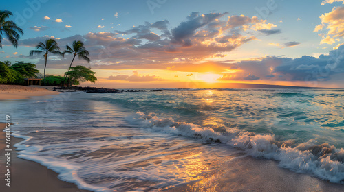 Serene Tropical Paradise: A Breathtaking Beach Sunset Scene with Panoramic Views, Golden Hues, and a Calm, Tranquil Atmosphere for Relaxing Vacations