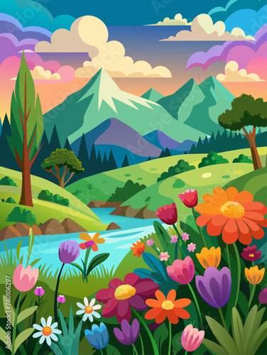 A vibrant array of colorful flowers blooms against a lush green landscape  creating a breathtaking and serene backdrop.
