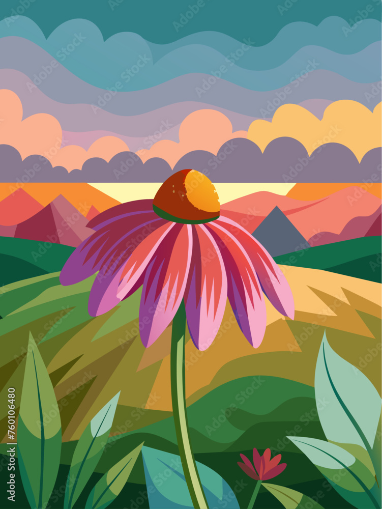 A cone flower vector landscape background with a field of blooming cone flowers in the foreground and a distant mountain range in the background. A cone flower vector landscape background with a field of blooming cone flowers in the foreground and a distant mountain range in the background.