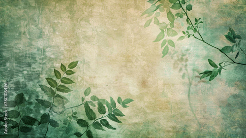 Abstract Botanical Background with green ferns on a beige background paper texture