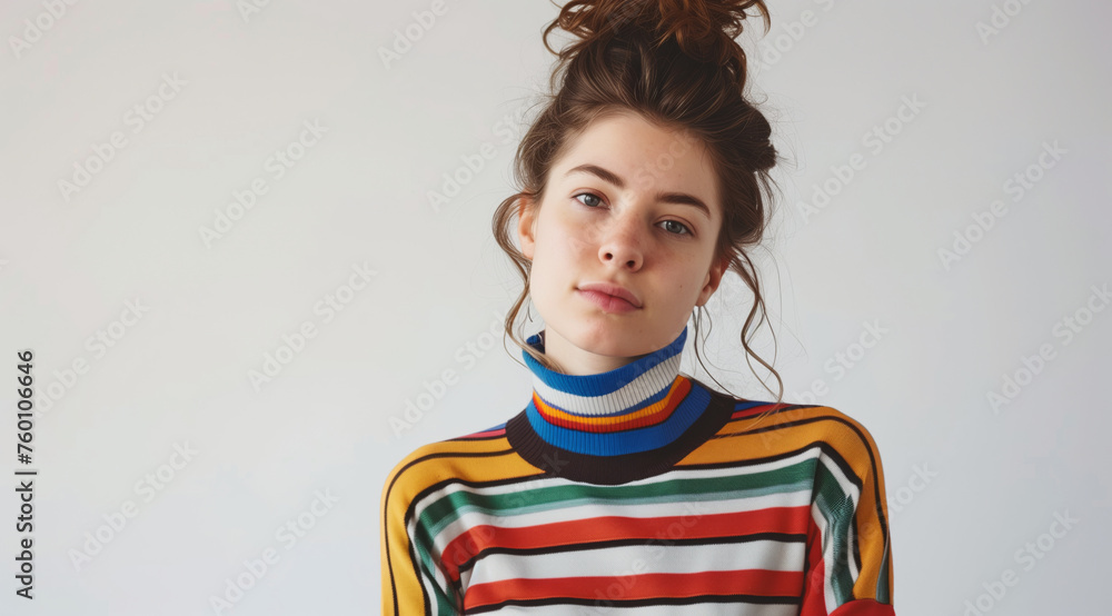 Young girl with emotion on her face in striped colored sweater on white background Young girl with emotion on her face in striped colored sweater on white background