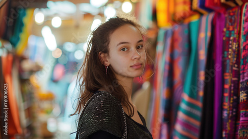 A casually dressed young woman glances back, her soft features framed by the rich tapestry of textiles in a bustling marketplace. 