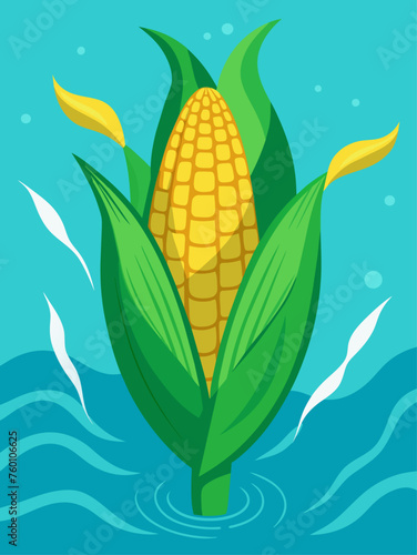 Fresh corn on the cob lies in water on a vibrant blue background.