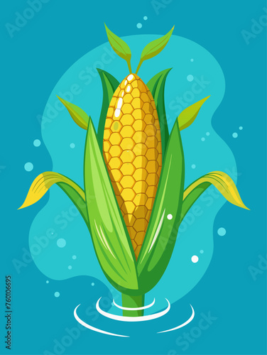 Fresh corn on the cob lies in water on a vibrant blue background.