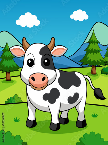 A cute cow grazes in a picturesque landscape of rolling green hills and a vibrant blue sky.