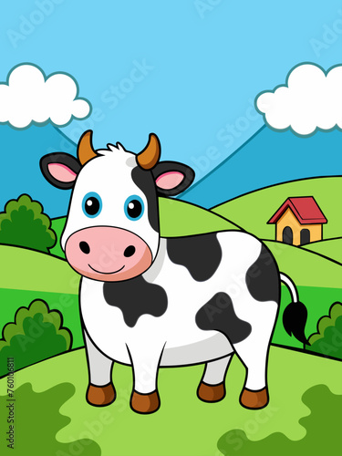 A cute cow grazes serenely in a picturesque landscape.