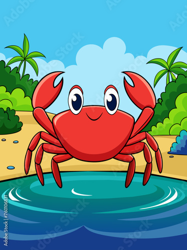 A vector illustration of a serene water landscape with crabs crawling along the shore.