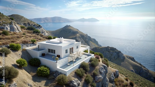 White Mediterranean style Greek villa on mountain side overlooking ocean view