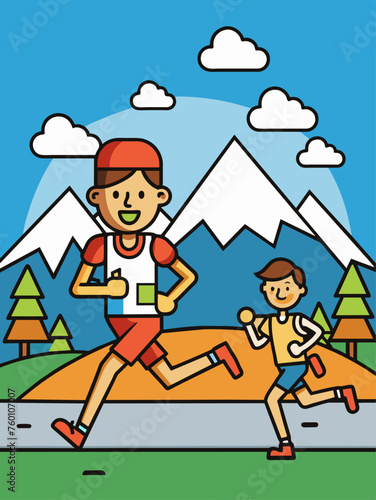 Athletes in colorful uniforms run through a grassy field surrounded by a lush forest.
