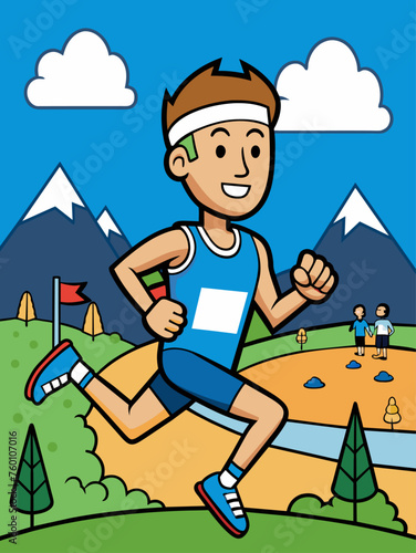 Runners stride along a dirt path amidst a sprawling forest, their determination etched on their faces.