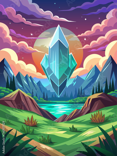 Crystal clear water and a vibrant landscape create a breathtaking backdrop in this vector illustration.