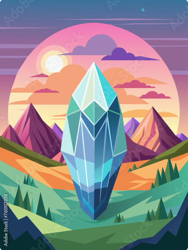 Crystal vector landscape background features stunning hues of blue, green, and purple with a shimmering crystal-like texture.