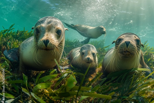 A Close-Up Encounter With a Group of Curious Seals Peering Directly at the Viewer From Their Lush Kelp Forest Home