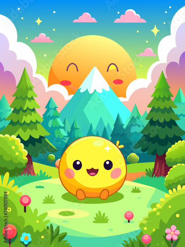 A cute emoticon floats in a tranquil landscape with rolling hills  fluffy clouds  and a serene blue sky.