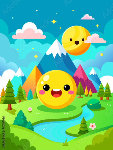 A cute emoticon smiles against a tranquil landscape background.