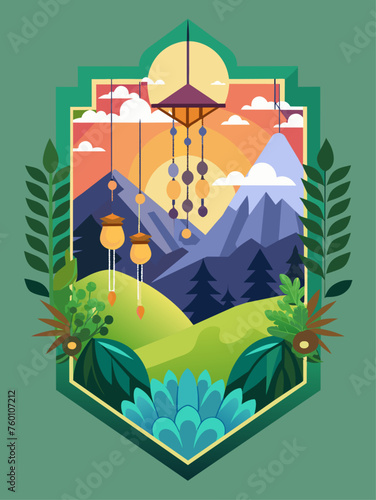 Serene landscape backdrop with intricate decorative elements creating an ethereal ambiance.