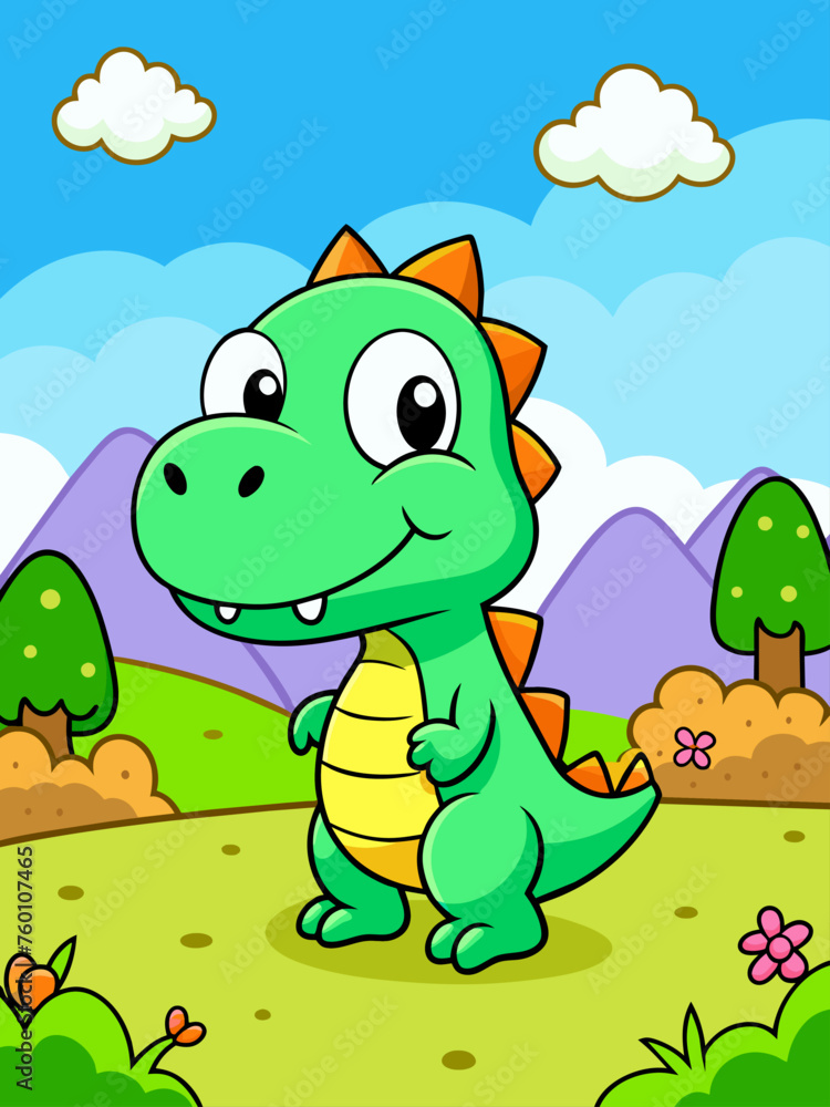 Fototapeta premium A dinosaur stands tall in a lush green landscape, surrounded by towering trees and a clear blue sky.