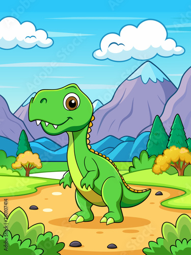 This vector landscape background depicts a group of dinosaurs roaming through a prehistoric environment.