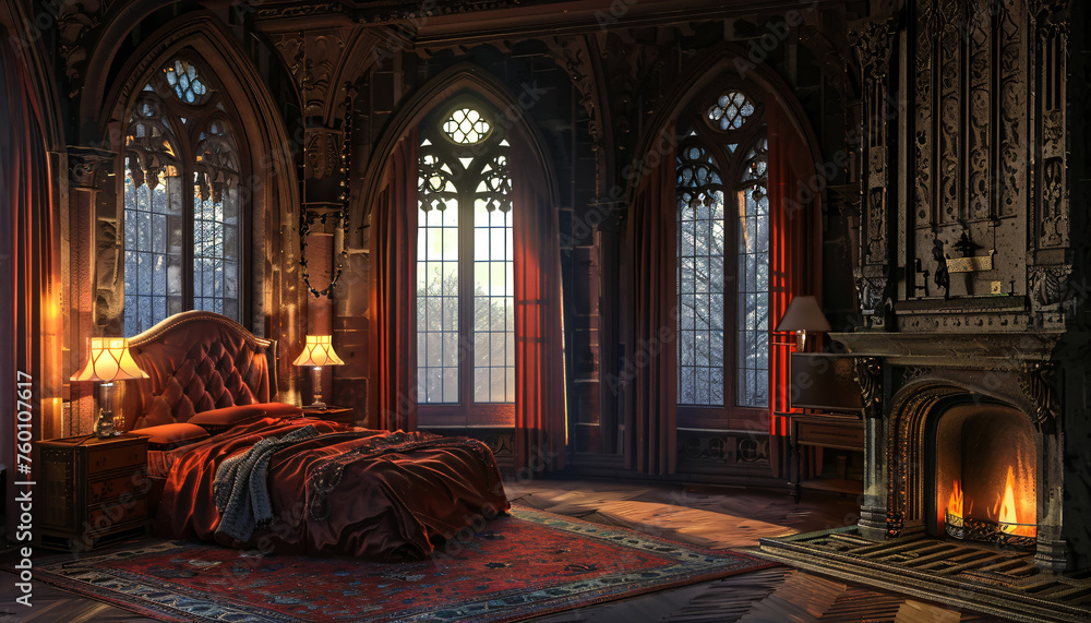 gothic bedroom with fireplace - obrazy, fototapety, plakaty 
