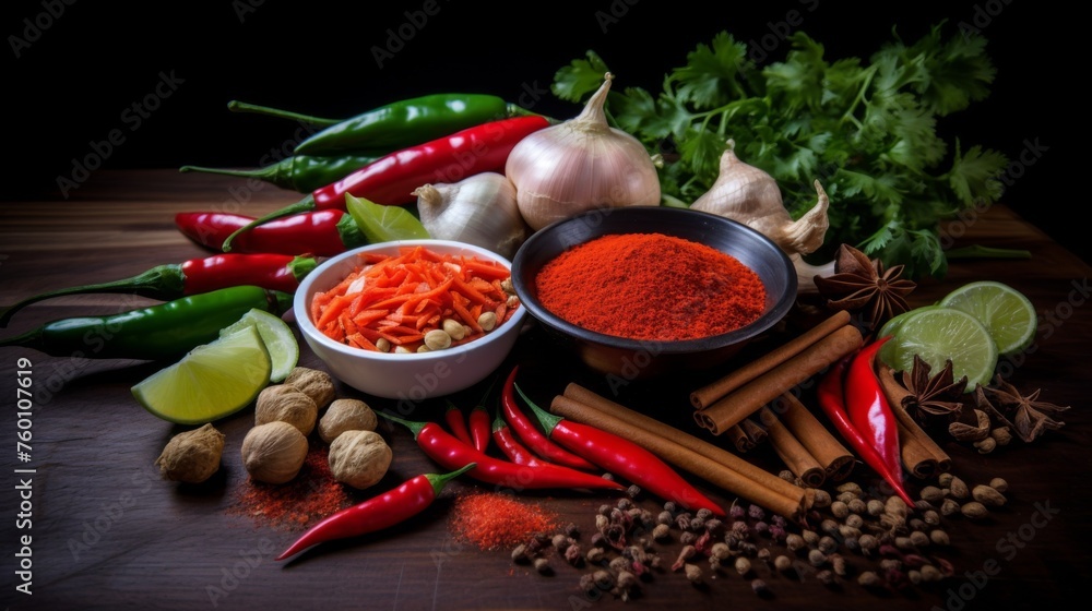 A variety of fresh spices and herbs scattered across a dark, wooden surface creating a vivid and colorful display