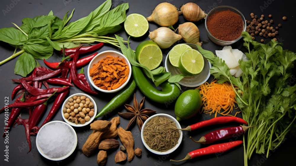 Accurate image depicting a diverse selection of fresh herbs and spices laid out neatly on a deep black background Accurate image depicting a diverse selection of fresh herbs and spices laid out neatly on a deep black background