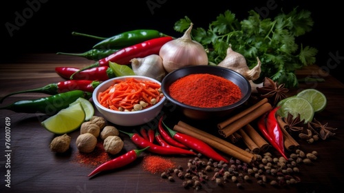 A variety of fresh spices and herbs scattered across a dark, wooden surface creating a vivid and colorful display
