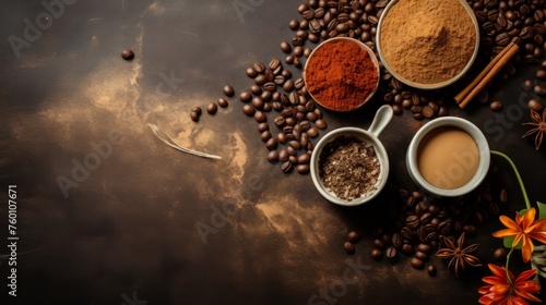 A beautifully styled composition showcasing coffee cups with beans and various spices on a dark, rustic background