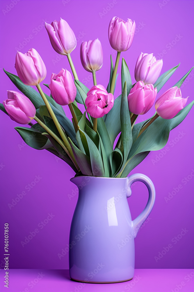 Purple tulips in a purple vase on a purple background, beautiful spring flowers, still lifef Purple tulips in a purple vase on a purple background, beautiful spring flowers, still lifef