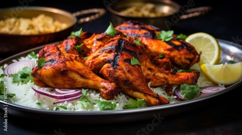 Perfectly charred tandoori chicken served on fragrant basmati rice, garnished with herbs and lemon