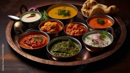 A full Indian meal served in rustic metal bowls on a tray, showcasing tradition and a feast for senses