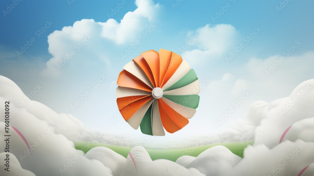 Fototapeta premium Paper cut-out effect of the Indian flag colors formed into a wheel, floating whimsically among fluffy clouds