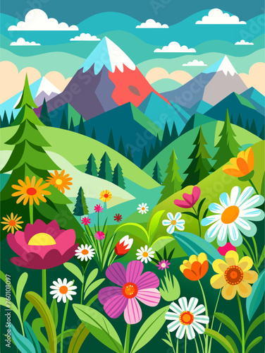 Flowers bloom in a lush meadow against a backdrop of rolling hills, creating a vibrant and serene landscape.
