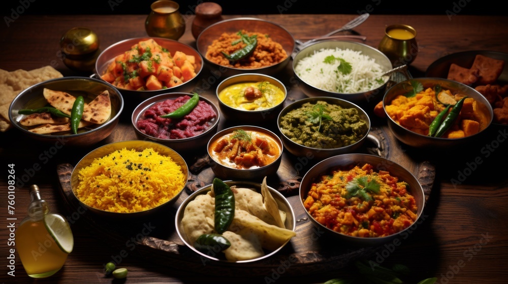 A stunning arrangement of assorted Indian meals including curries, rice, and flatbreads, served in brass bowls on a vintage wood table