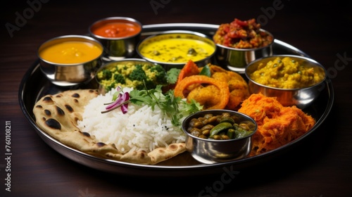 The image showcases a traditional Indian thali filled with a variety of dishes, including rice, curries, and bread