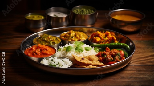 An intricately arranged selection of Indian dishes presented on dark wooden background accentuating the vibrant colors