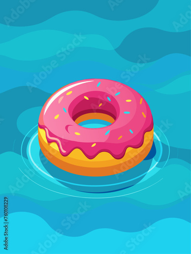 A glazed donut floats on shimmering blue water, creating a surreal and eye-catching composition.