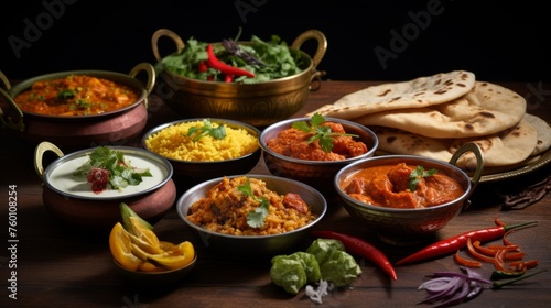 A beautiful display of various Indian dishes including curries, rice, and bread, in traditional metal serve ware on a dark wooden table