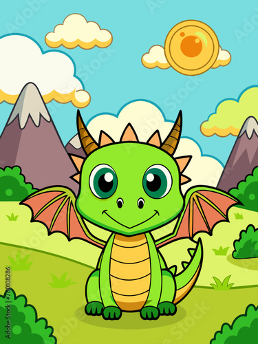 A charming dragon plays amidst a picturesque landscape.