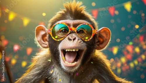An adorable illustration of a funny monkey wearing glasses at a party celebration. Cute animal laughing and smiling.