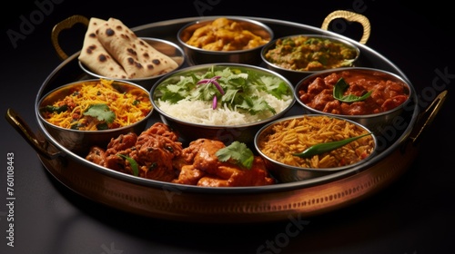 An elegant assortment of Indian dishes  beautifully presented in brass ware on a dark backdrop