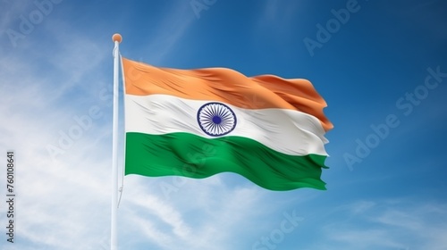 A gentle breeze shapes the Indian flag showcasing its vibrant colors against a soft blue sky photo